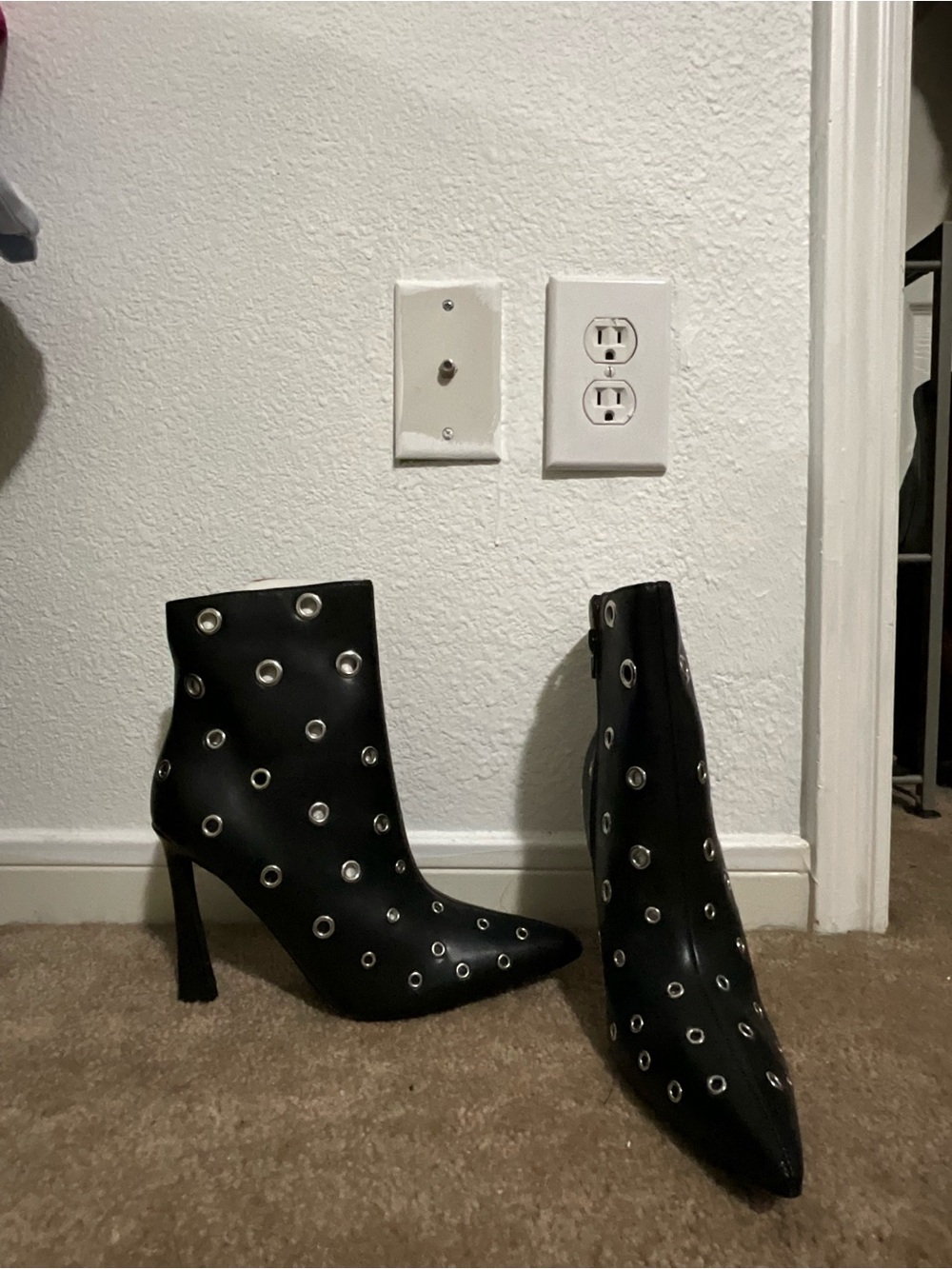 Black Pointed-Toe Ankle Boots with Silver Grommets